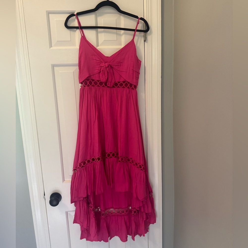 Main Strip Pink Cut Out Boho Spaghetti Strap Flowy Dress